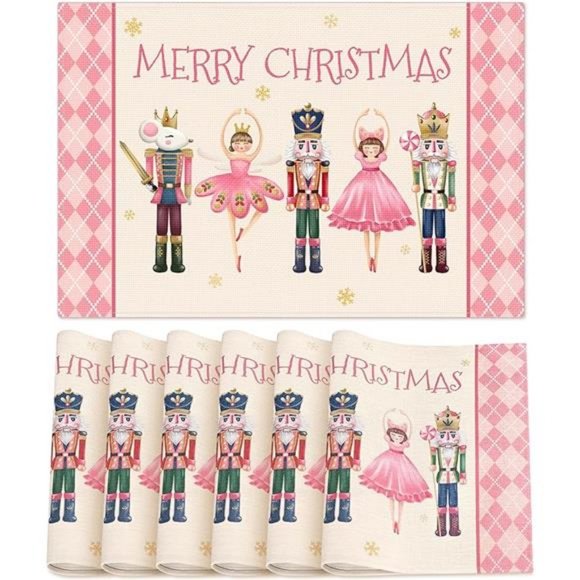 Nutcracker Placemats Christmas Decor Pink Xmas Holiday Table Decorations Set 6 - Picture 4 of 5